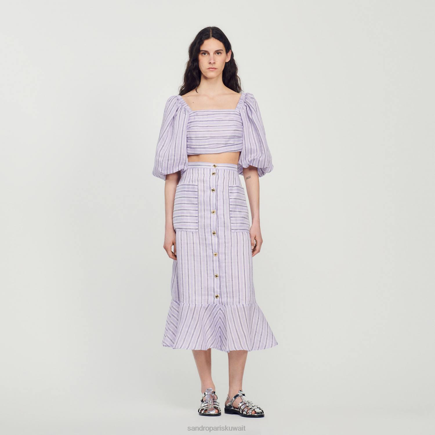 ثياب Sandro Paris تنورة مخططة على شكل حرف A أرجواني / أسود نحيف ZJ00307