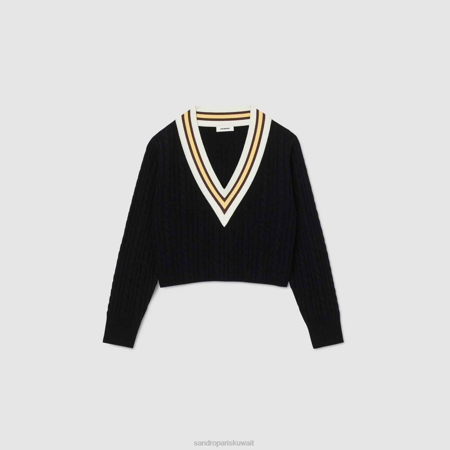ثياب Sandro Paris كنزة متباينة برقبة على شكل حرف V أسود نحيف ZJ0012