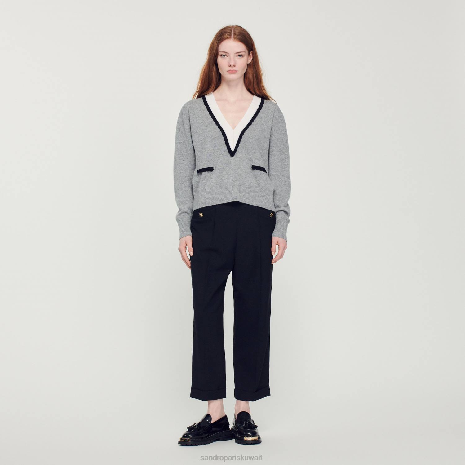 ثياب Sandro Paris سترة مع رقبة على شكل حرف V عميقة متباينة سخر من الرمادي نحيف ZJ0086