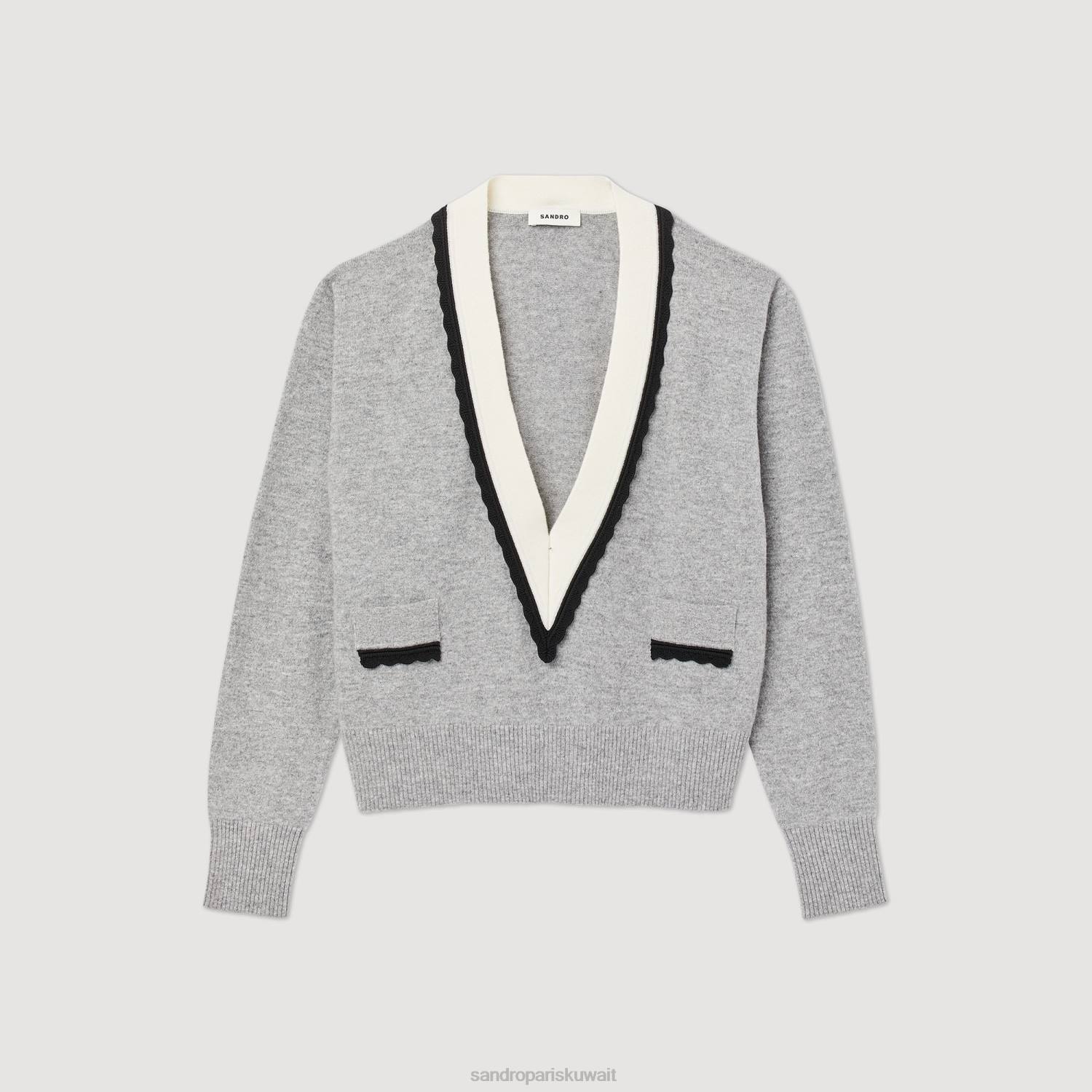 ثياب Sandro Paris سترة مع رقبة على شكل حرف V عميقة متباينة سخر من الرمادي نحيف ZJ0086