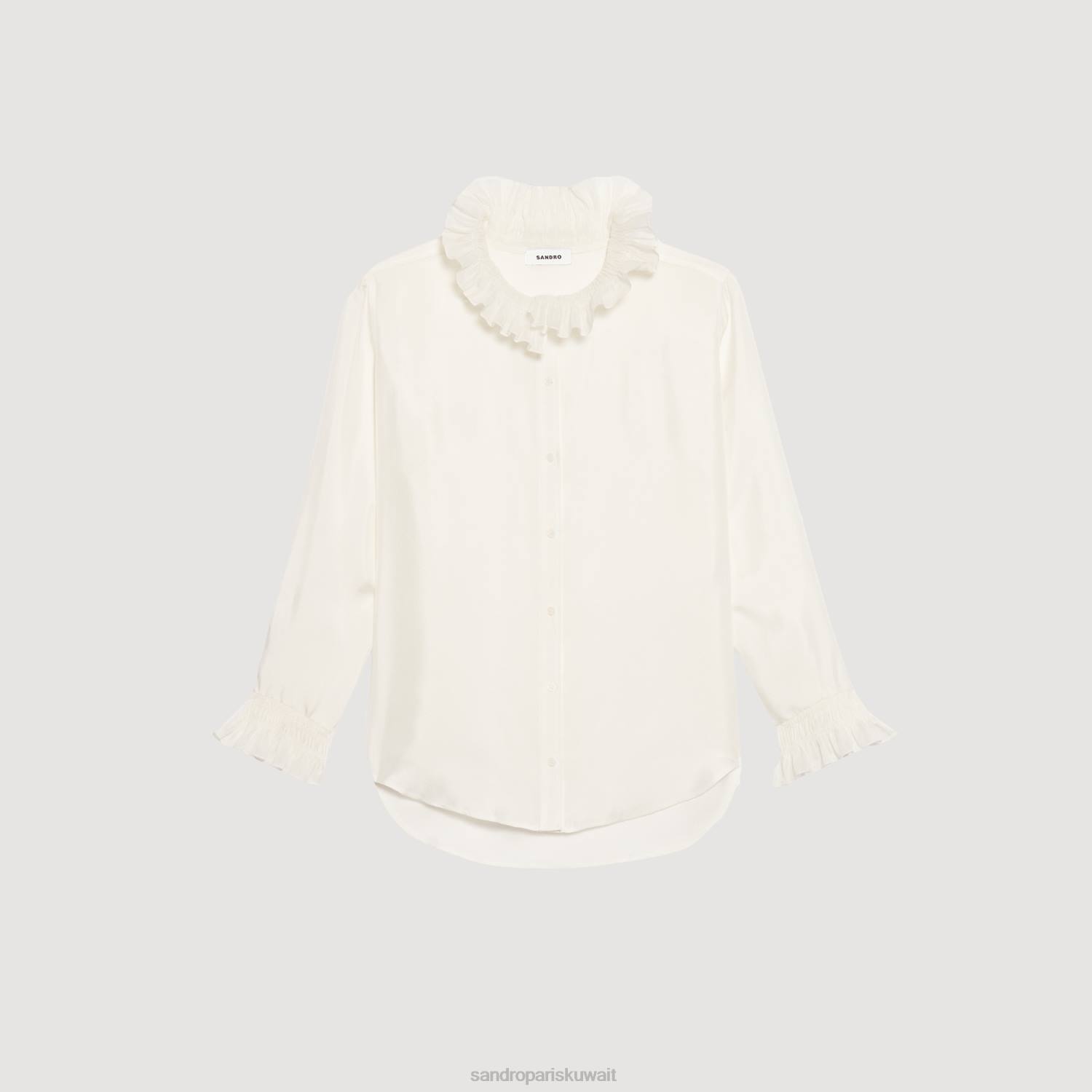 ثياب Sandro Paris قميص حريري بياقة مجمعة بيج فاتح نحيف ZJ00101