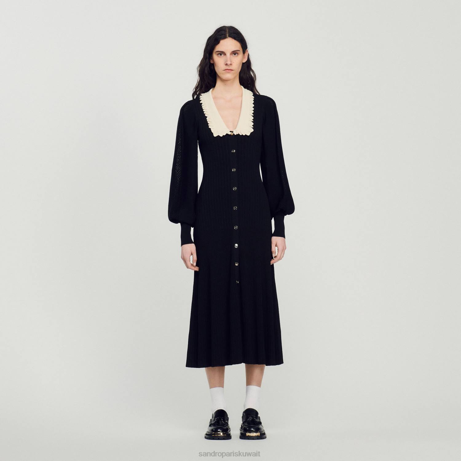 ثياب Sandro Paris فستان طويل بأكمام طويلة أسود نحيف ZJ00103