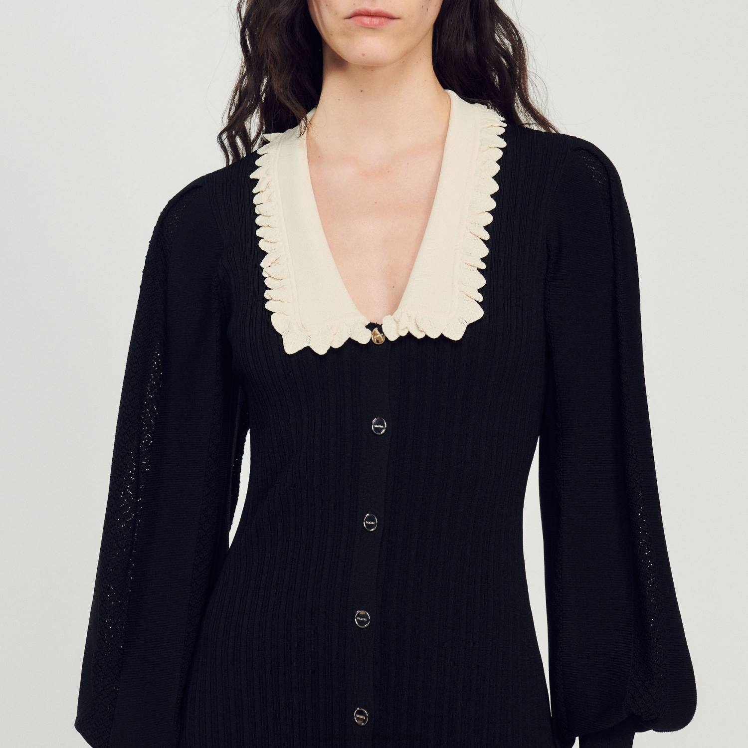 ثياب Sandro Paris فستان طويل بأكمام طويلة أسود نحيف ZJ00103