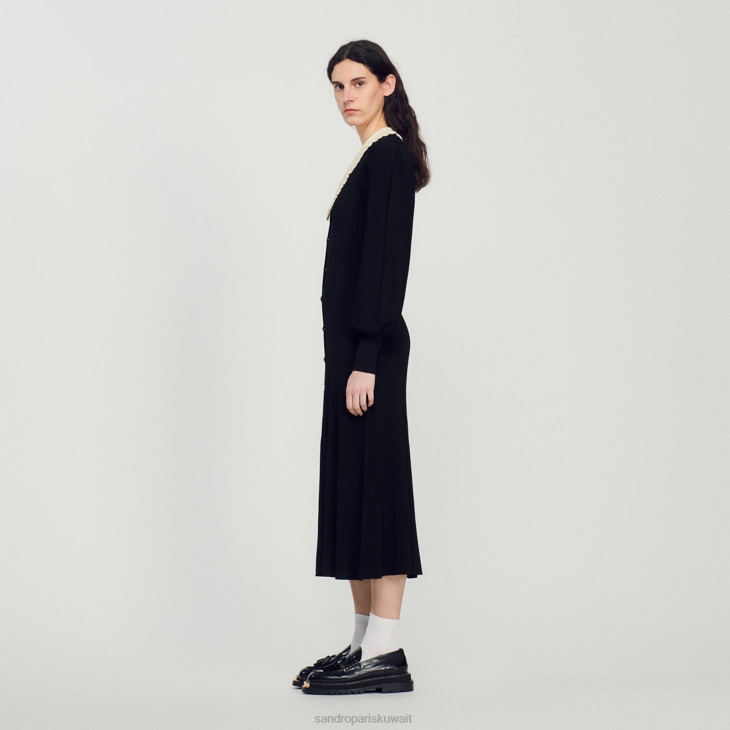 ثياب Sandro Paris فستان طويل بأكمام طويلة أسود نحيف ZJ00103