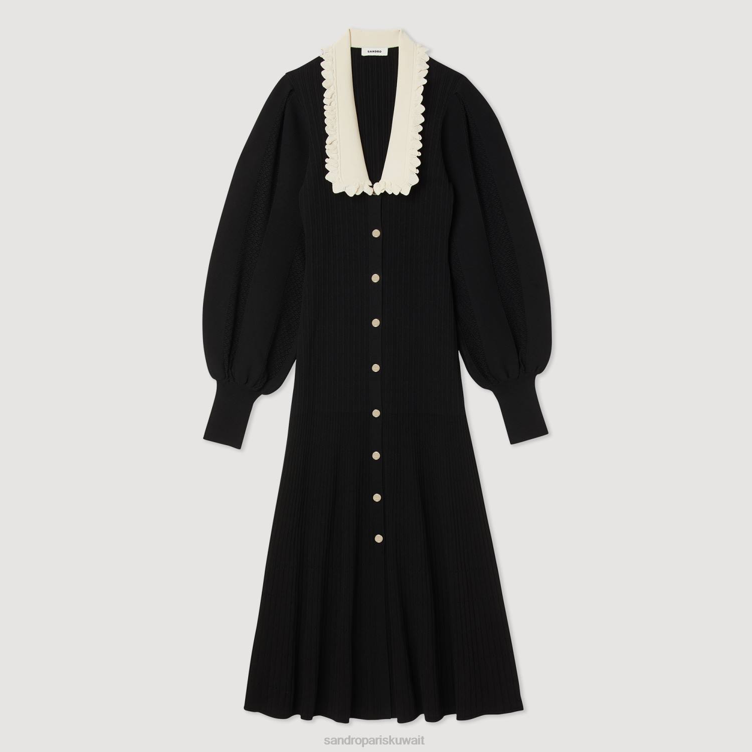 ثياب Sandro Paris فستان طويل بأكمام طويلة أسود نحيف ZJ00103