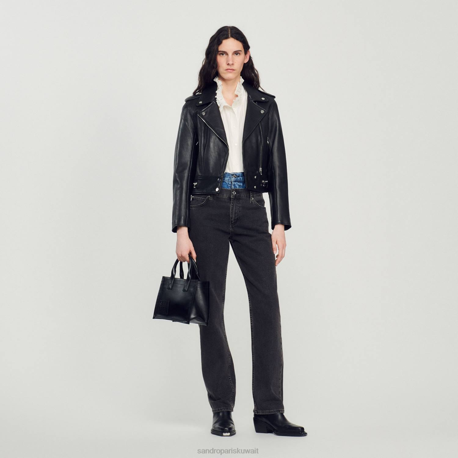 ثياب Sandro Paris سترة جلدية أسود نحيف ZJ00104