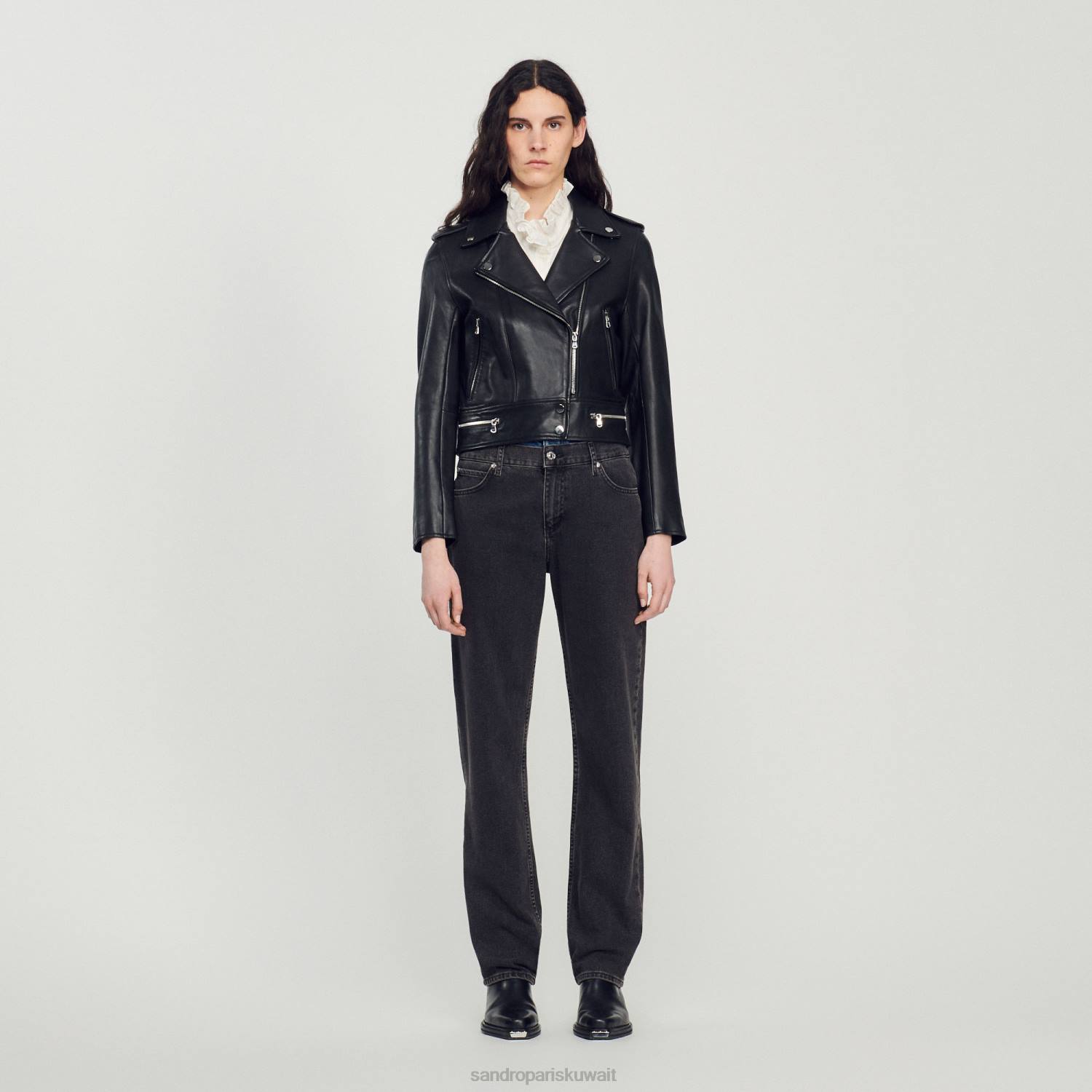 ثياب Sandro Paris سترة جلدية أسود نحيف ZJ00104