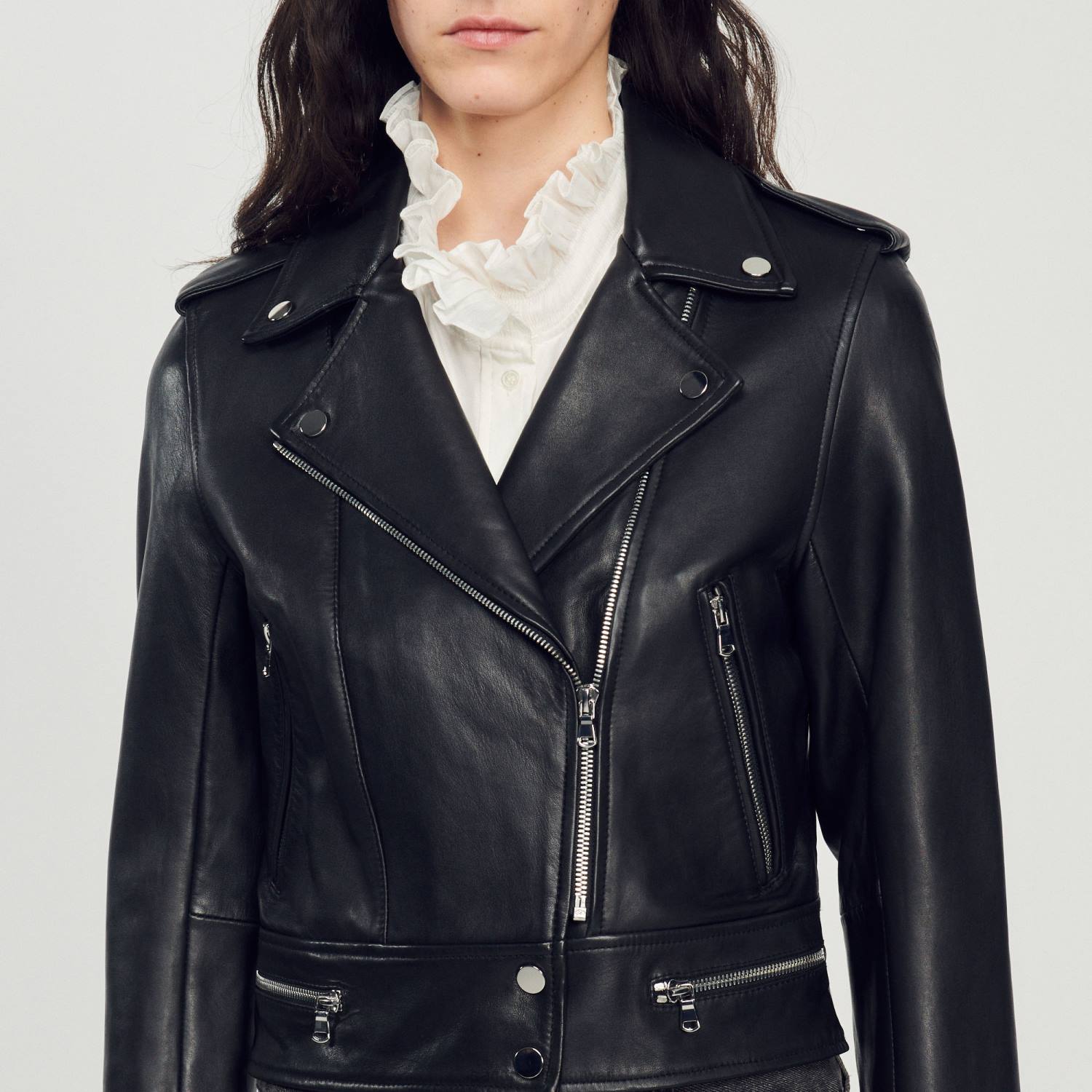 ثياب Sandro Paris سترة جلدية أسود نحيف ZJ00104