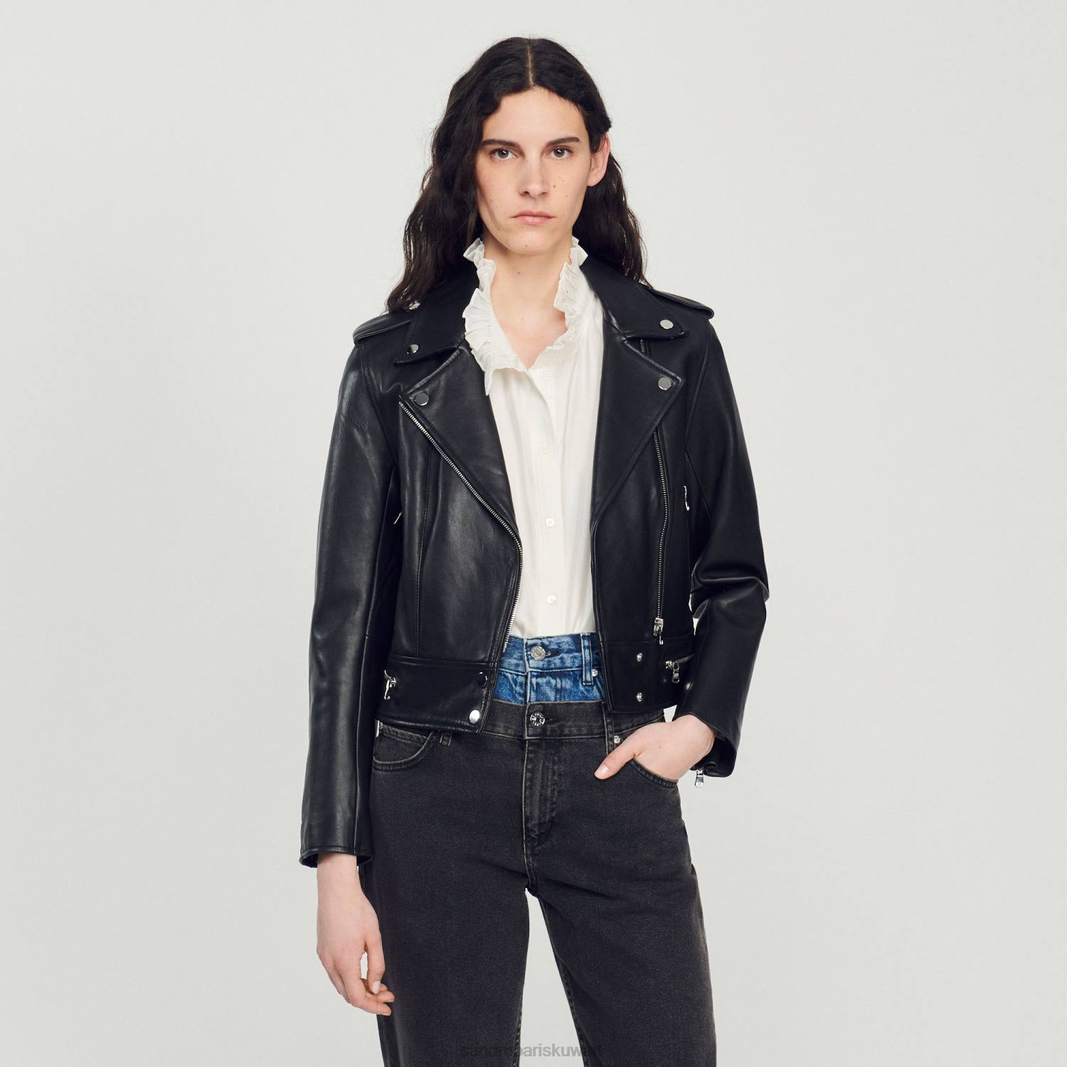 ثياب Sandro Paris سترة جلدية أسود نحيف ZJ00104