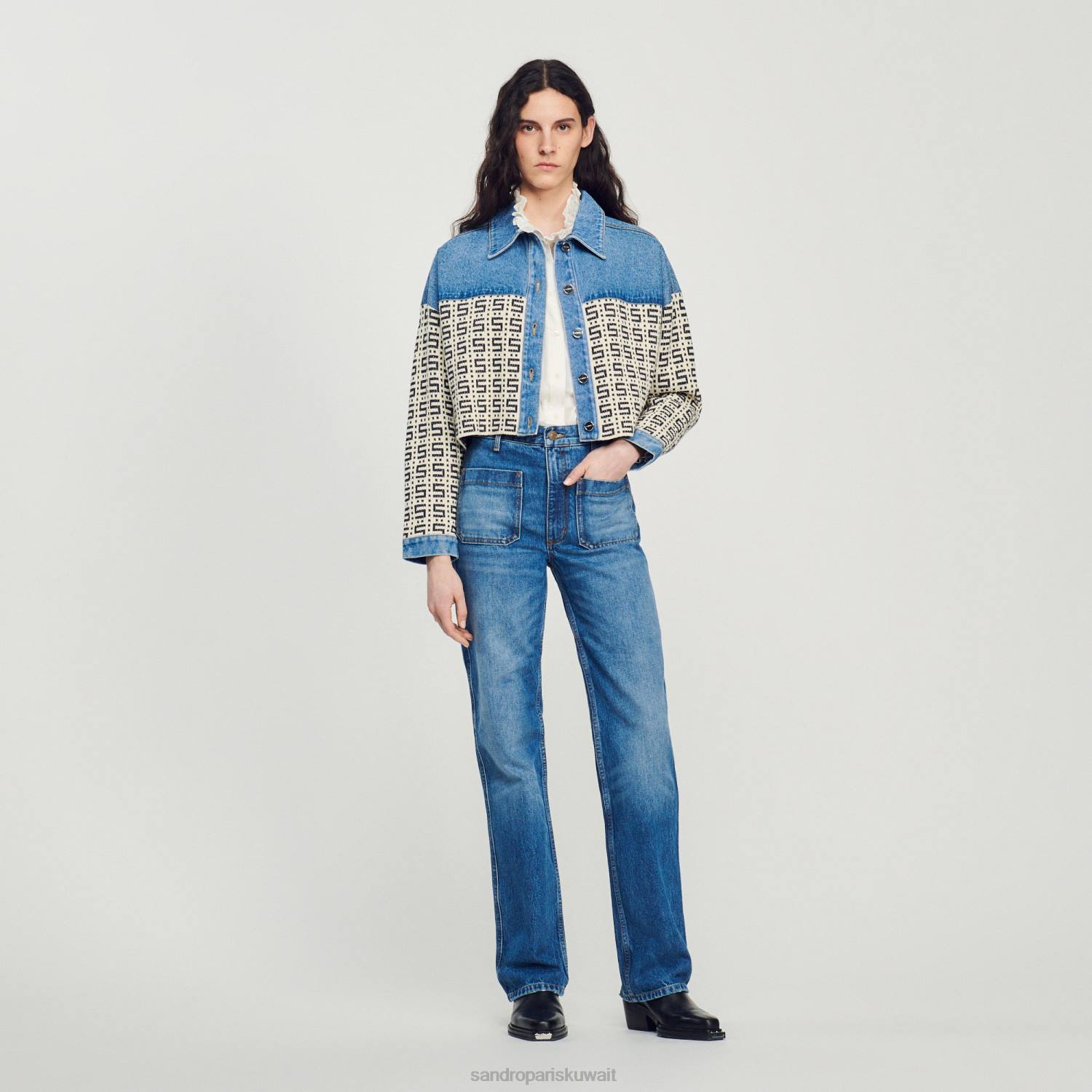 ثياب Sandro Paris معطف الدنيم اقتصاص جينز أزرق نحيف ZJ00105