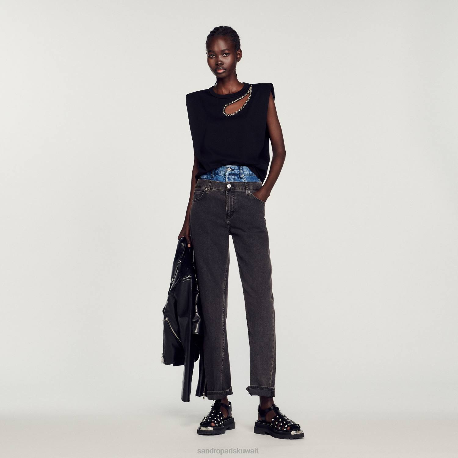 ثياب Sandro Paris حجر الراين دمعة تي شيرت أسود نحيف ZJ00111