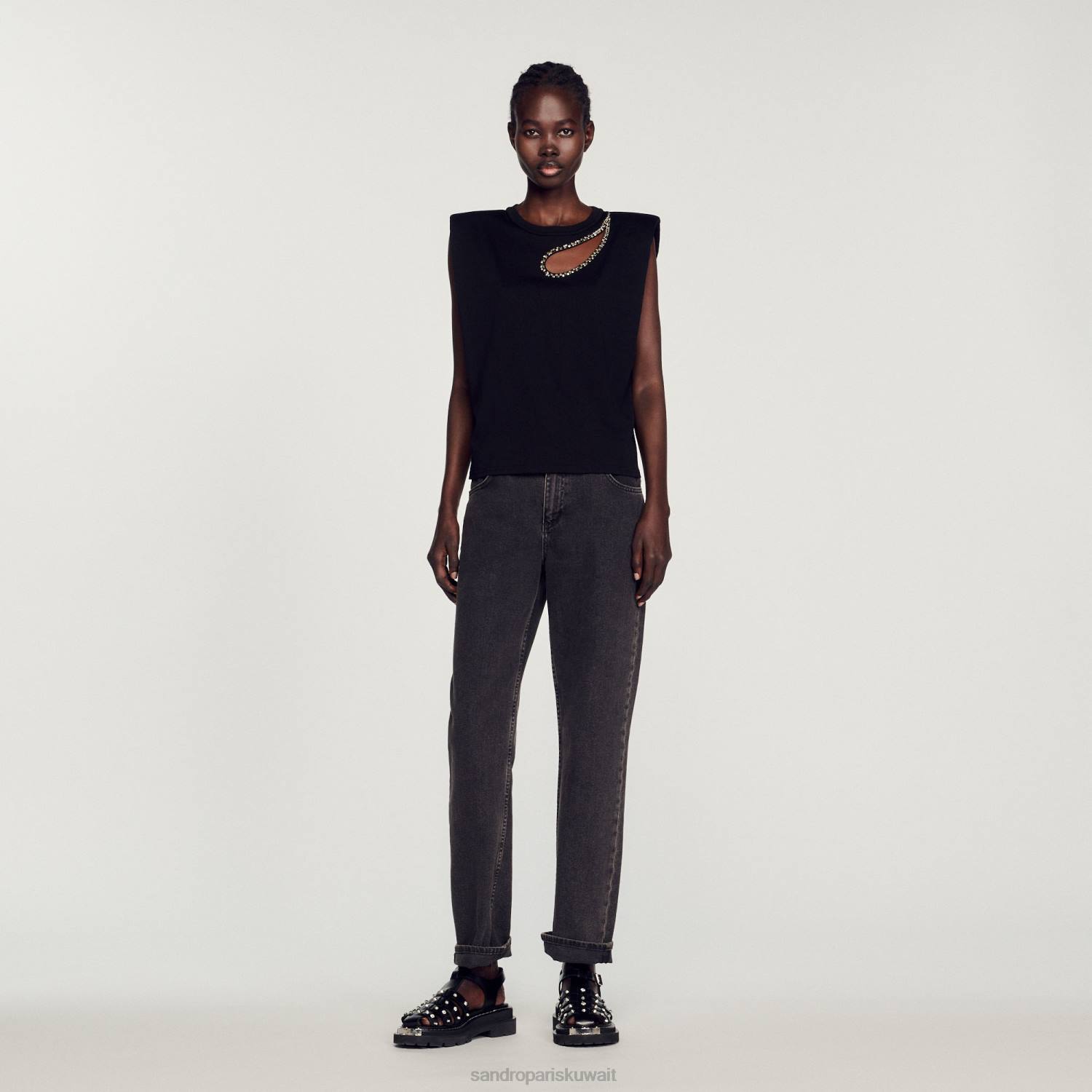 ثياب Sandro Paris حجر الراين دمعة تي شيرت أسود نحيف ZJ00111