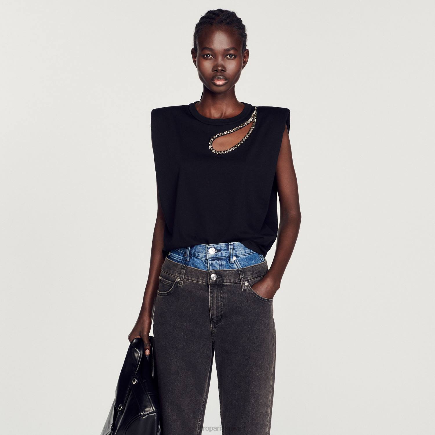 ثياب Sandro Paris حجر الراين دمعة تي شيرت أسود نحيف ZJ00111