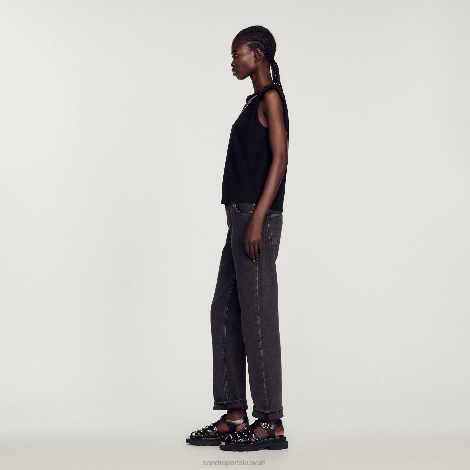 ثياب Sandro Paris حجر الراين دمعة تي شيرت أسود نحيف ZJ00111