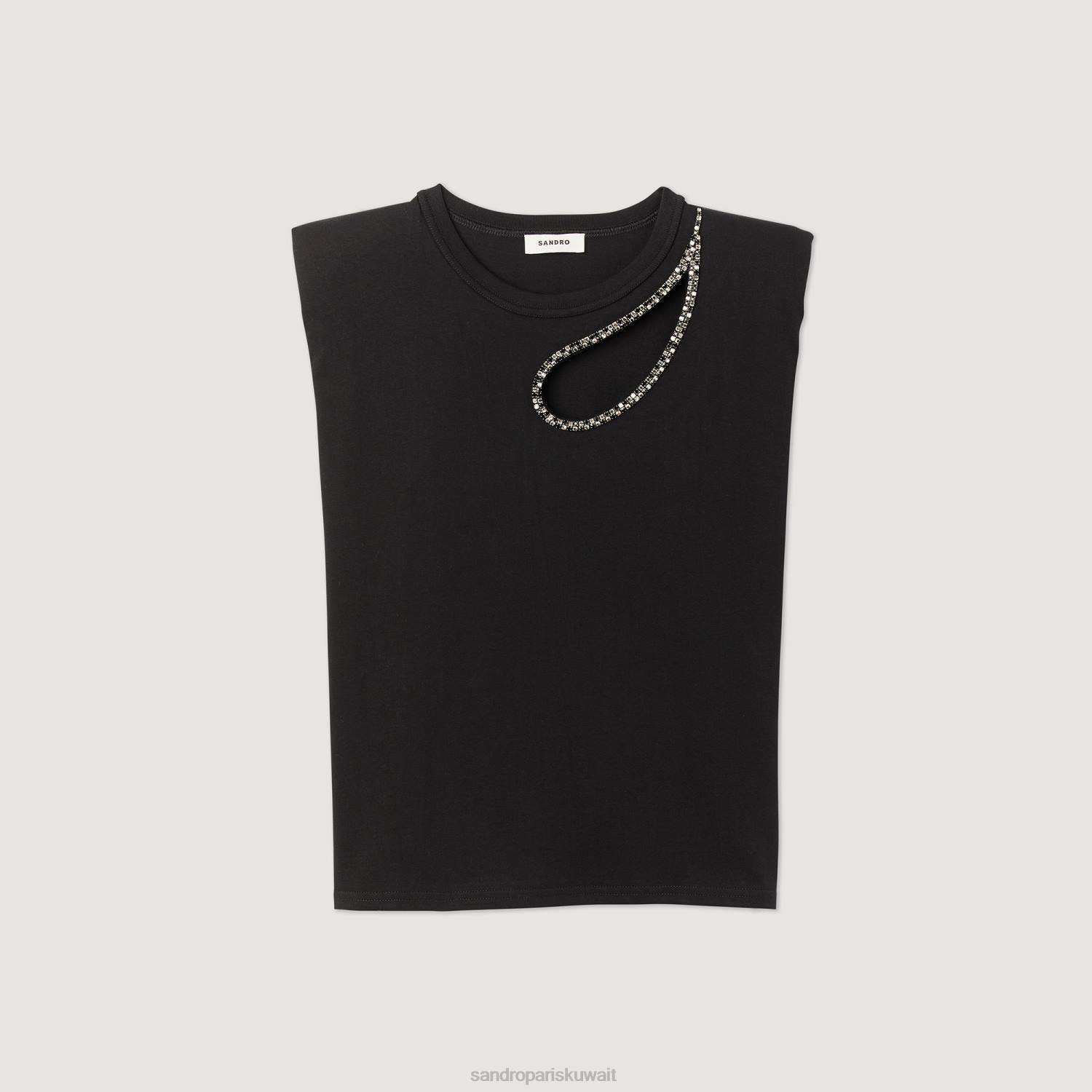 ثياب Sandro Paris حجر الراين دمعة تي شيرت أسود نحيف ZJ00111