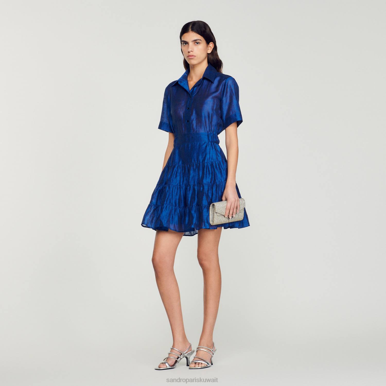 ثياب Sandro Paris فستان قصير كشكش أزرق غامق نحيف ZJ00113
