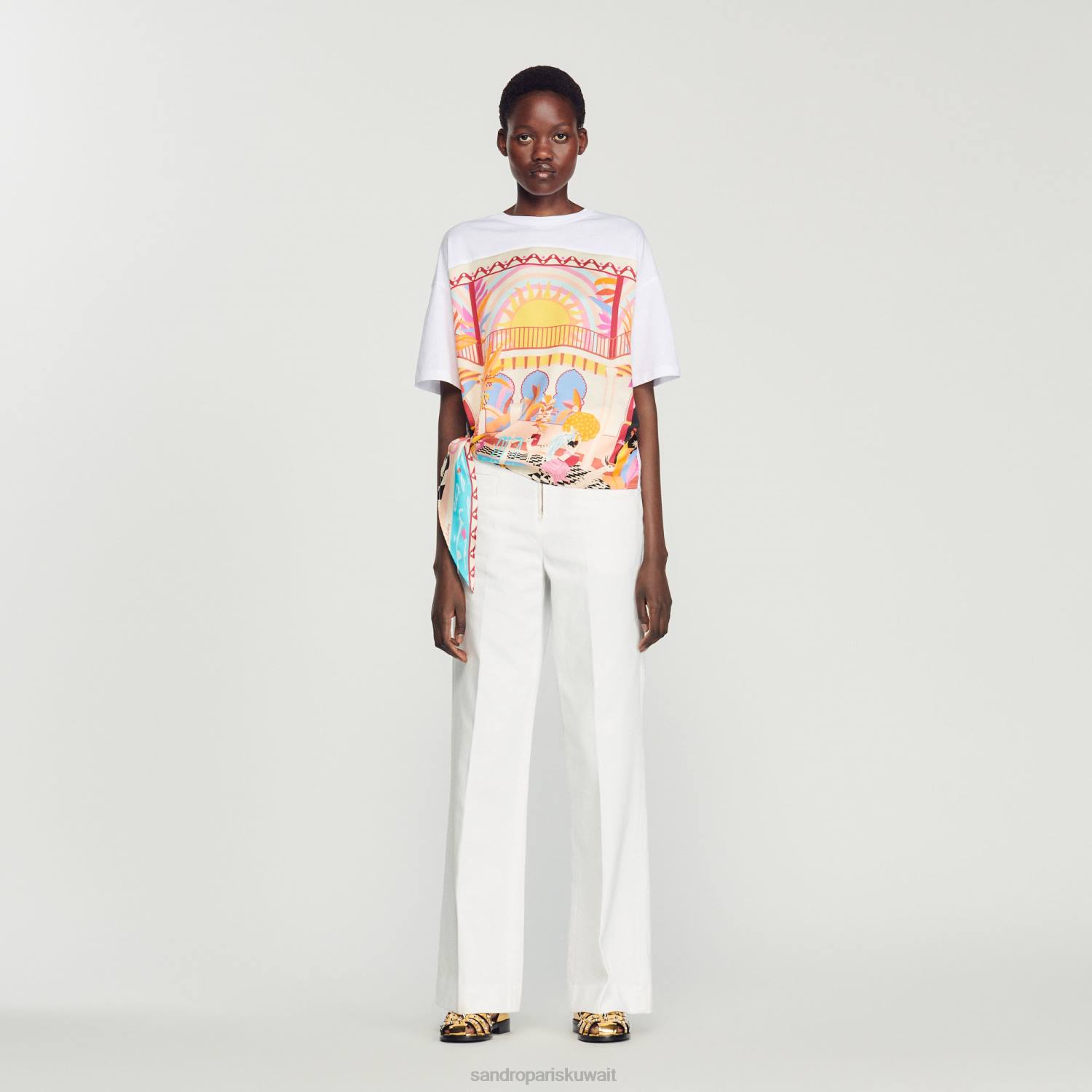 ثياب Sandro Paris تي شيرت وشاح برتقالي/وردي نحيف ZJ00115