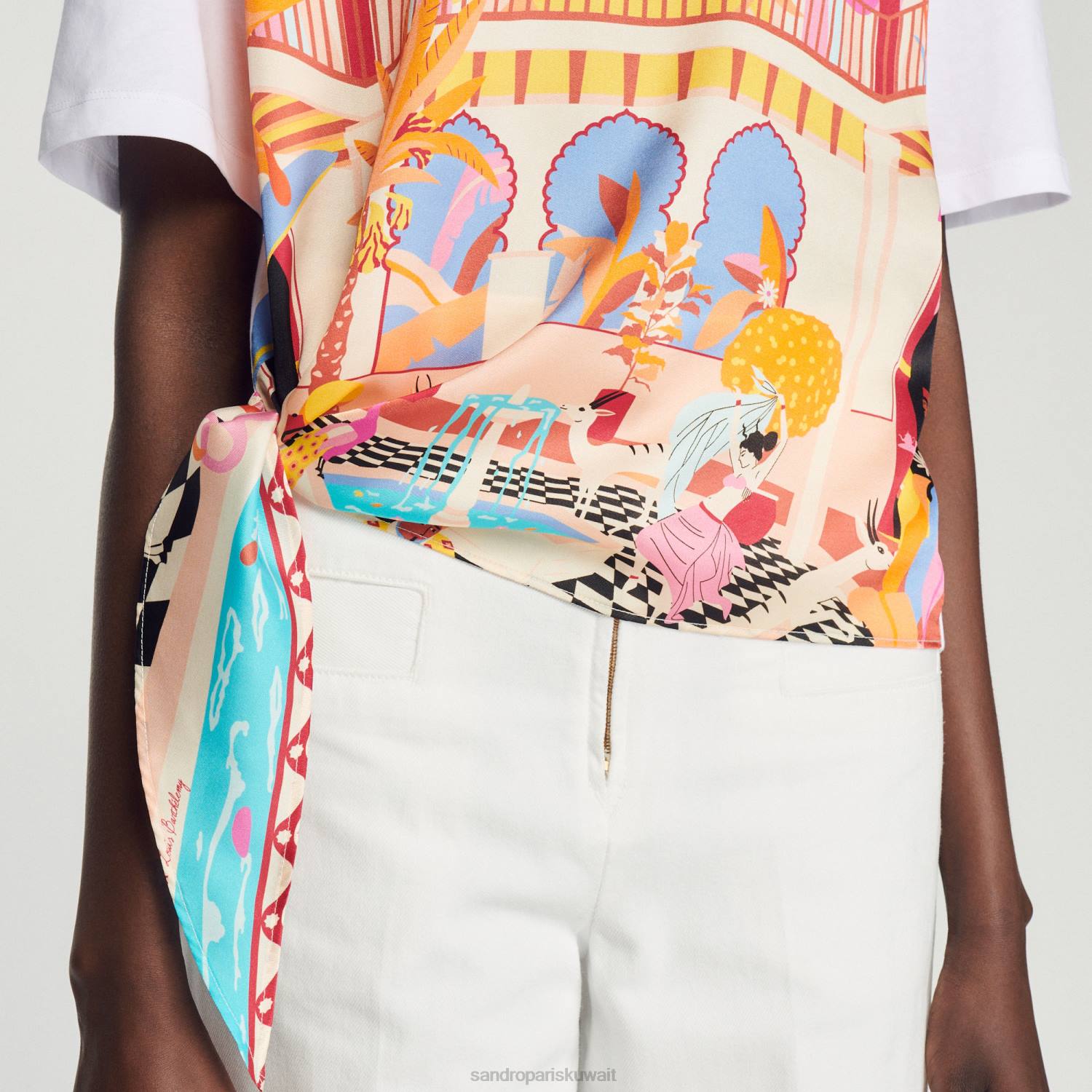 ثياب Sandro Paris تي شيرت وشاح برتقالي/وردي نحيف ZJ00115