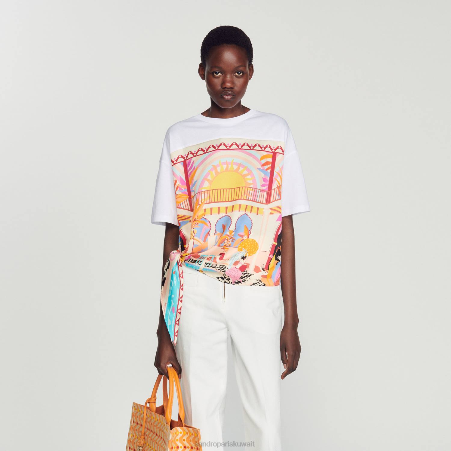 ثياب Sandro Paris تي شيرت وشاح برتقالي/وردي نحيف ZJ00115