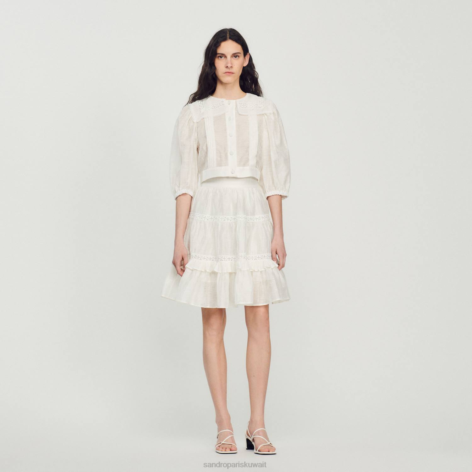ثياب Sandro Paris قميص بياقة دانتيل أبيض نحيف ZJ00116
