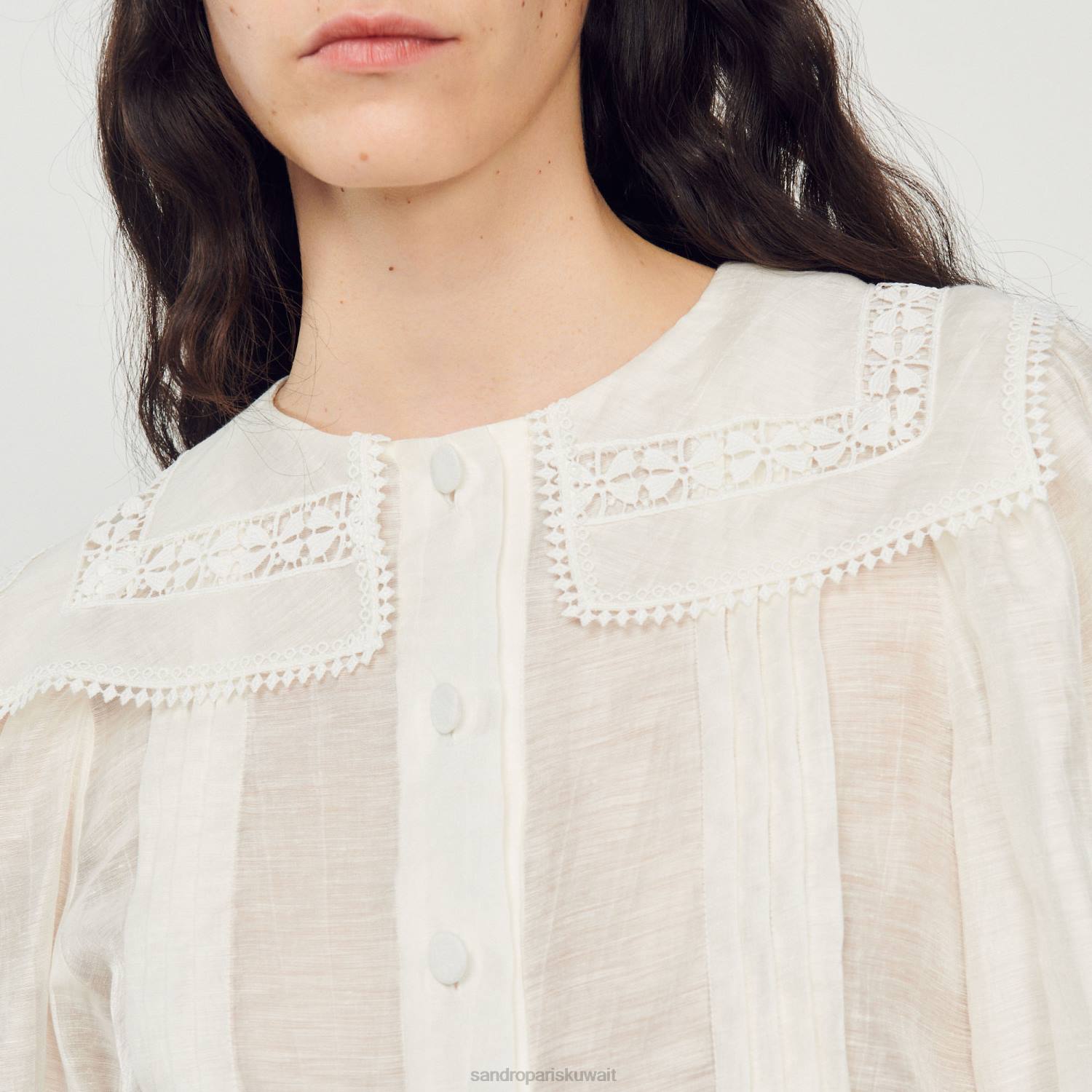 ثياب Sandro Paris قميص بياقة دانتيل أبيض نحيف ZJ00116