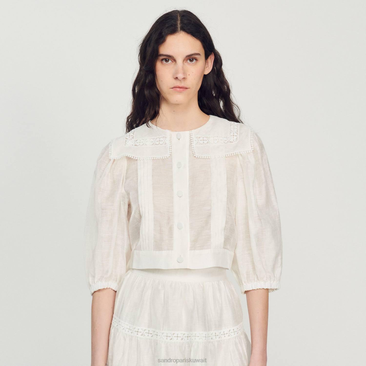 ثياب Sandro Paris قميص بياقة دانتيل أبيض نحيف ZJ00116
