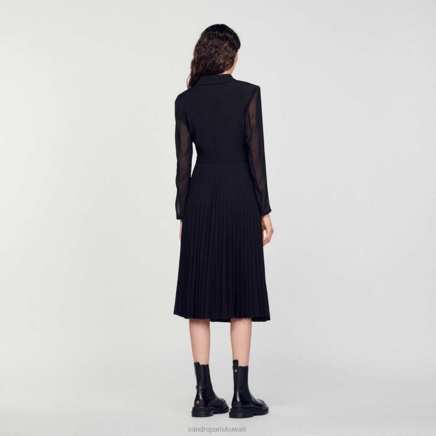 ثياب Sandro Paris فستان بأكمام طويلة من مادة مزدوجة أسود نحيف ZJ00121