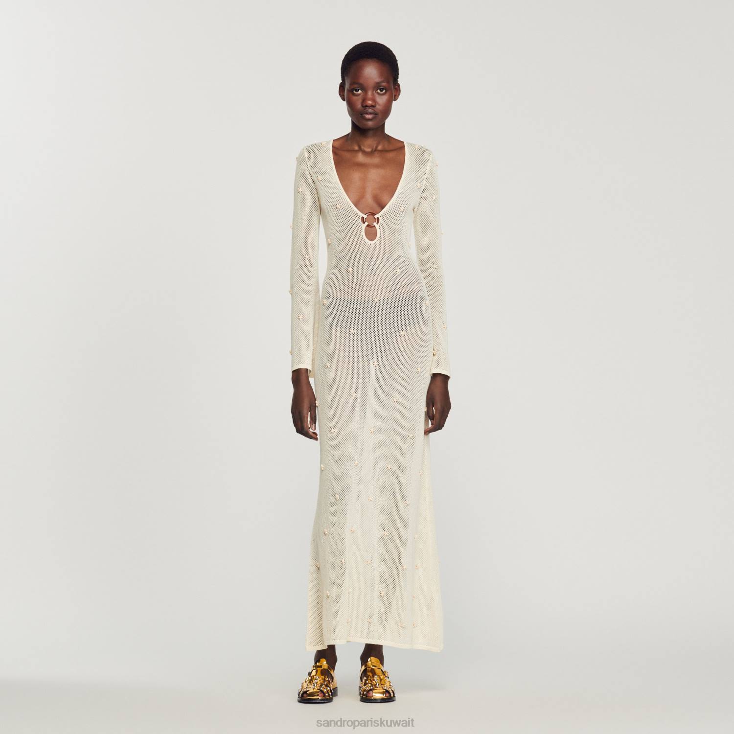 ثياب Sandro Paris فستان طويل شبكي مزين بالترتر بيج فاتح نحيف ZJ00122