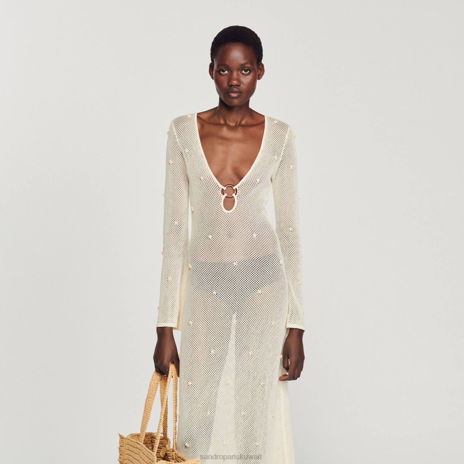 ثياب Sandro Paris فستان طويل شبكي مزين بالترتر بيج فاتح نحيف ZJ00122