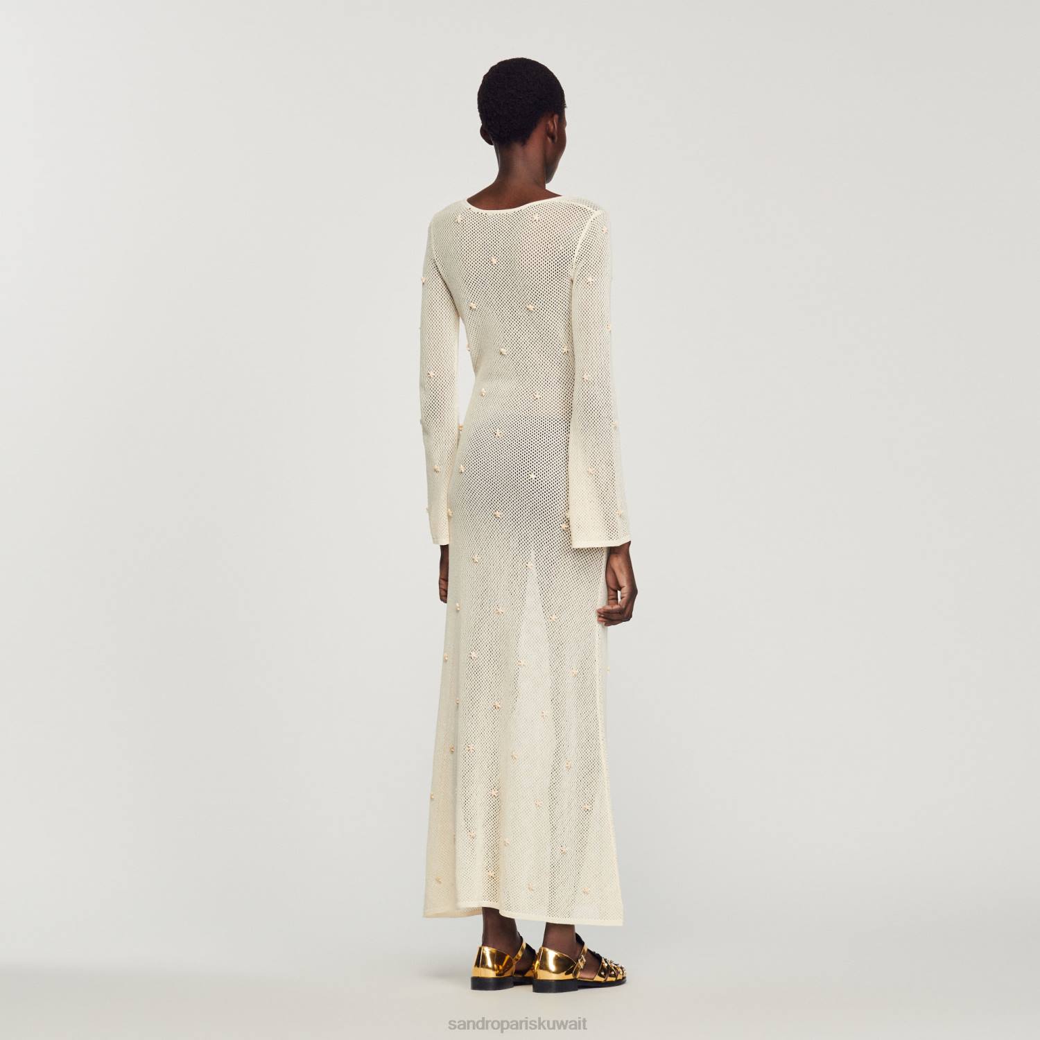ثياب Sandro Paris فستان طويل شبكي مزين بالترتر بيج فاتح نحيف ZJ00122