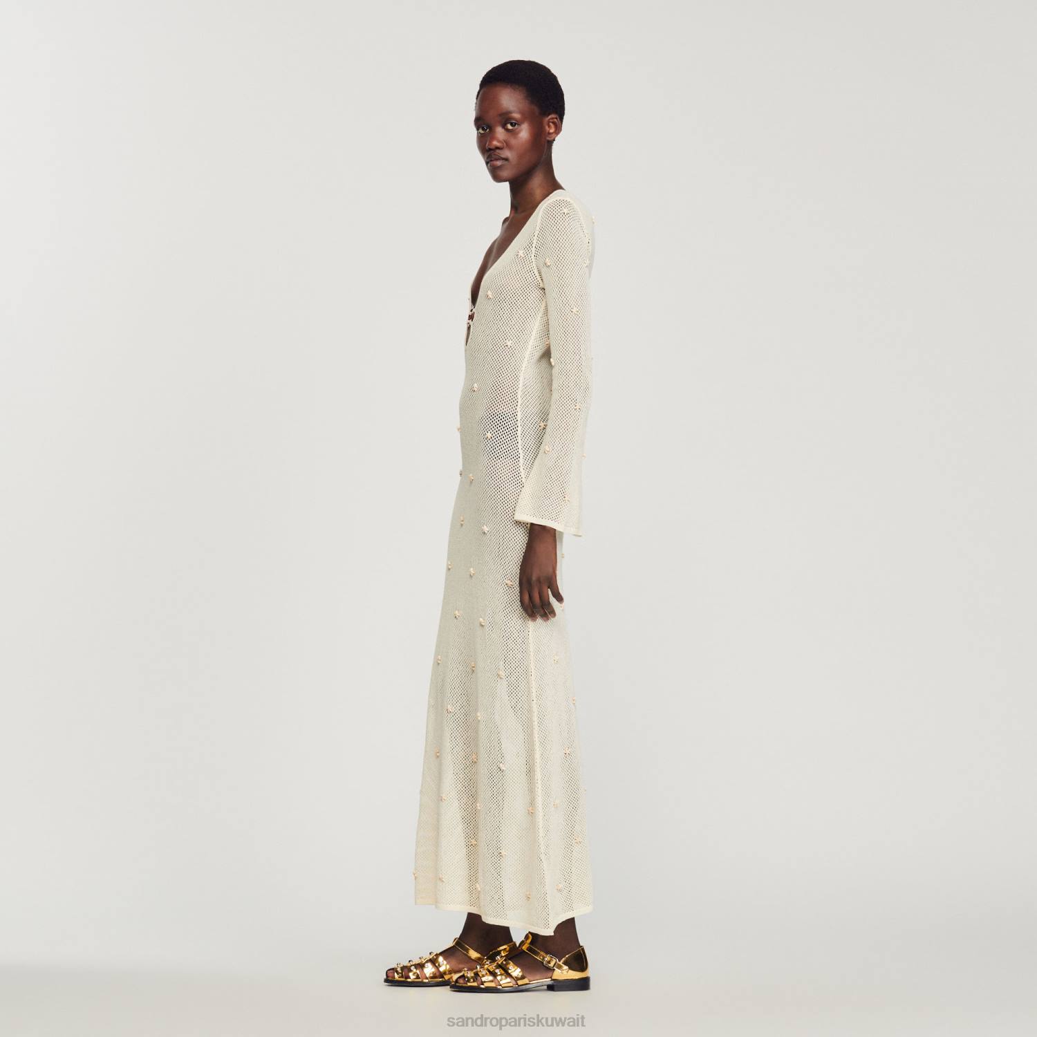 ثياب Sandro Paris فستان طويل شبكي مزين بالترتر بيج فاتح نحيف ZJ00122