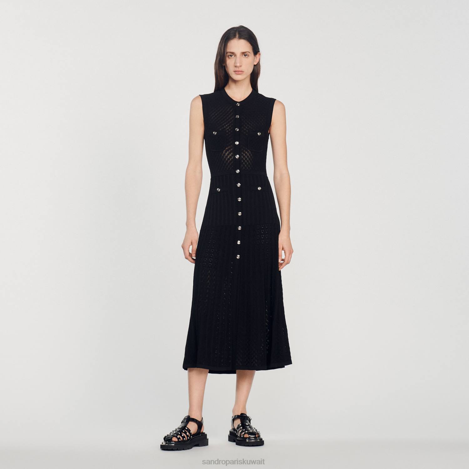 ثياب Sandro Paris فستان طويل محبوك أسود نحيف ZJ00126