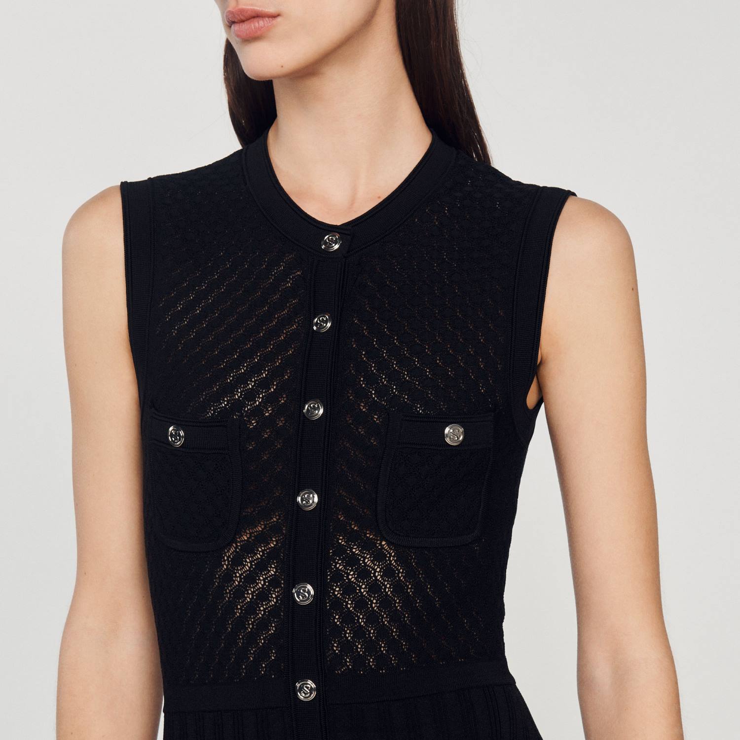 ثياب Sandro Paris فستان طويل محبوك أسود نحيف ZJ00126