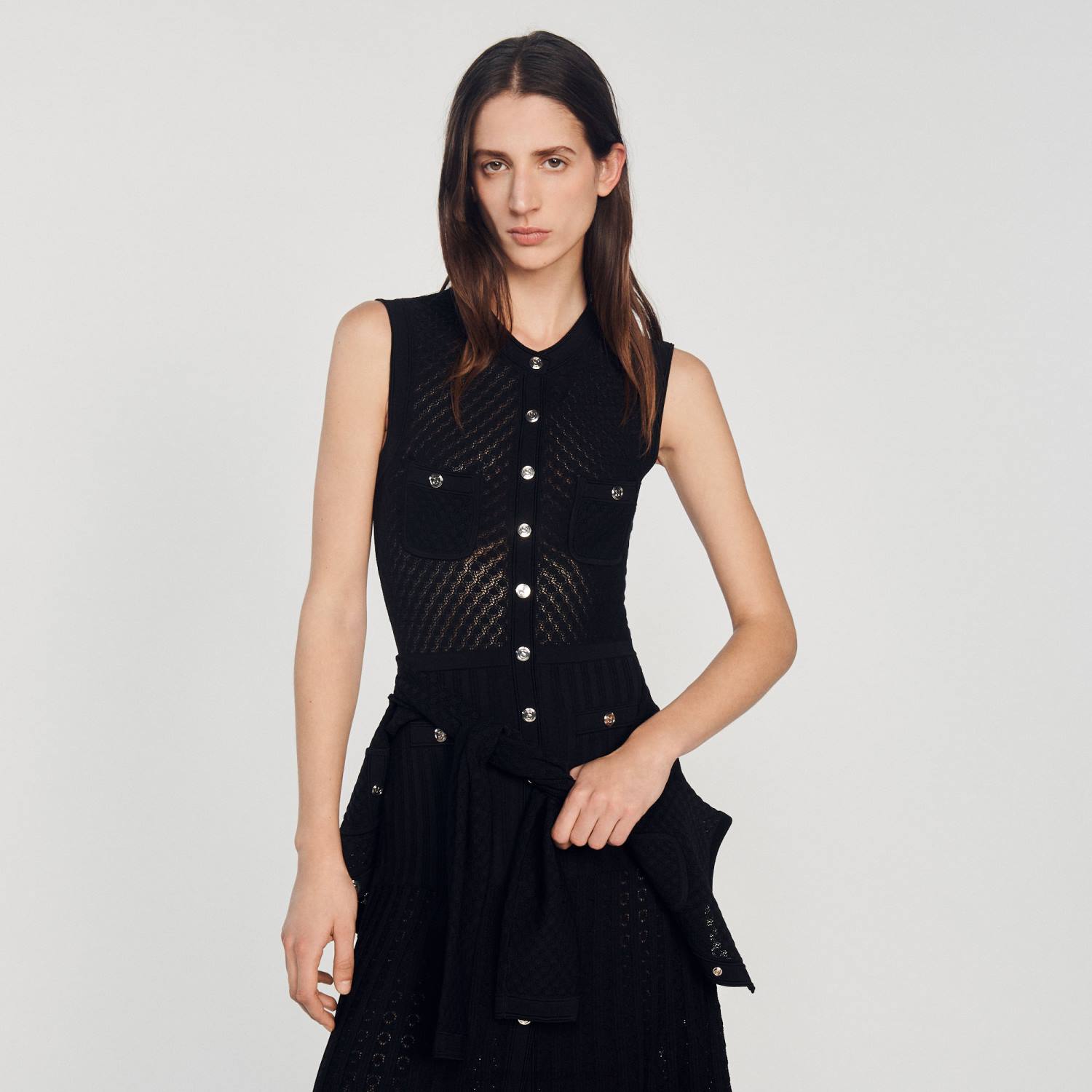 ثياب Sandro Paris فستان طويل محبوك أسود نحيف ZJ00126