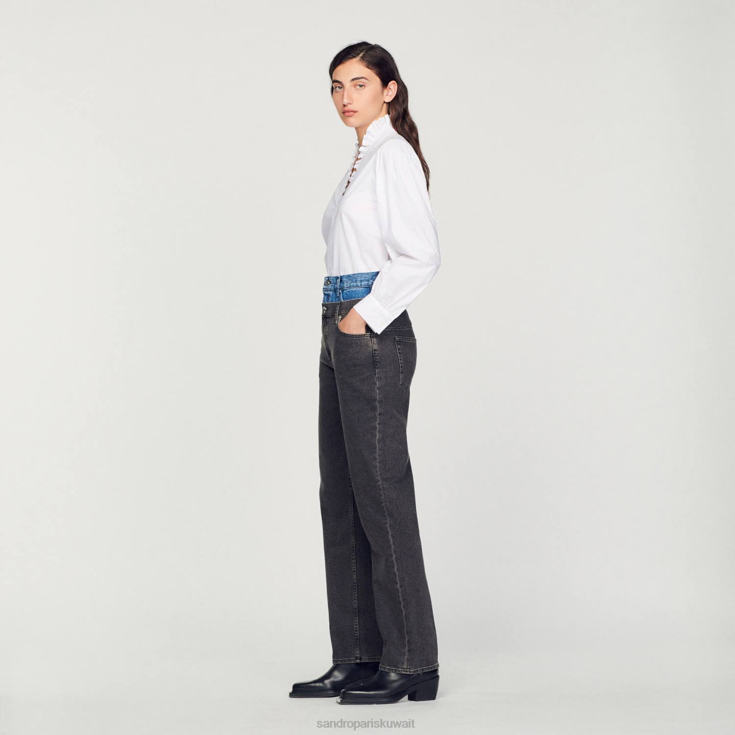 ثياب Sandro Paris جينز مزدوج الخصر بلونين رمادي نحيف ZJ00128