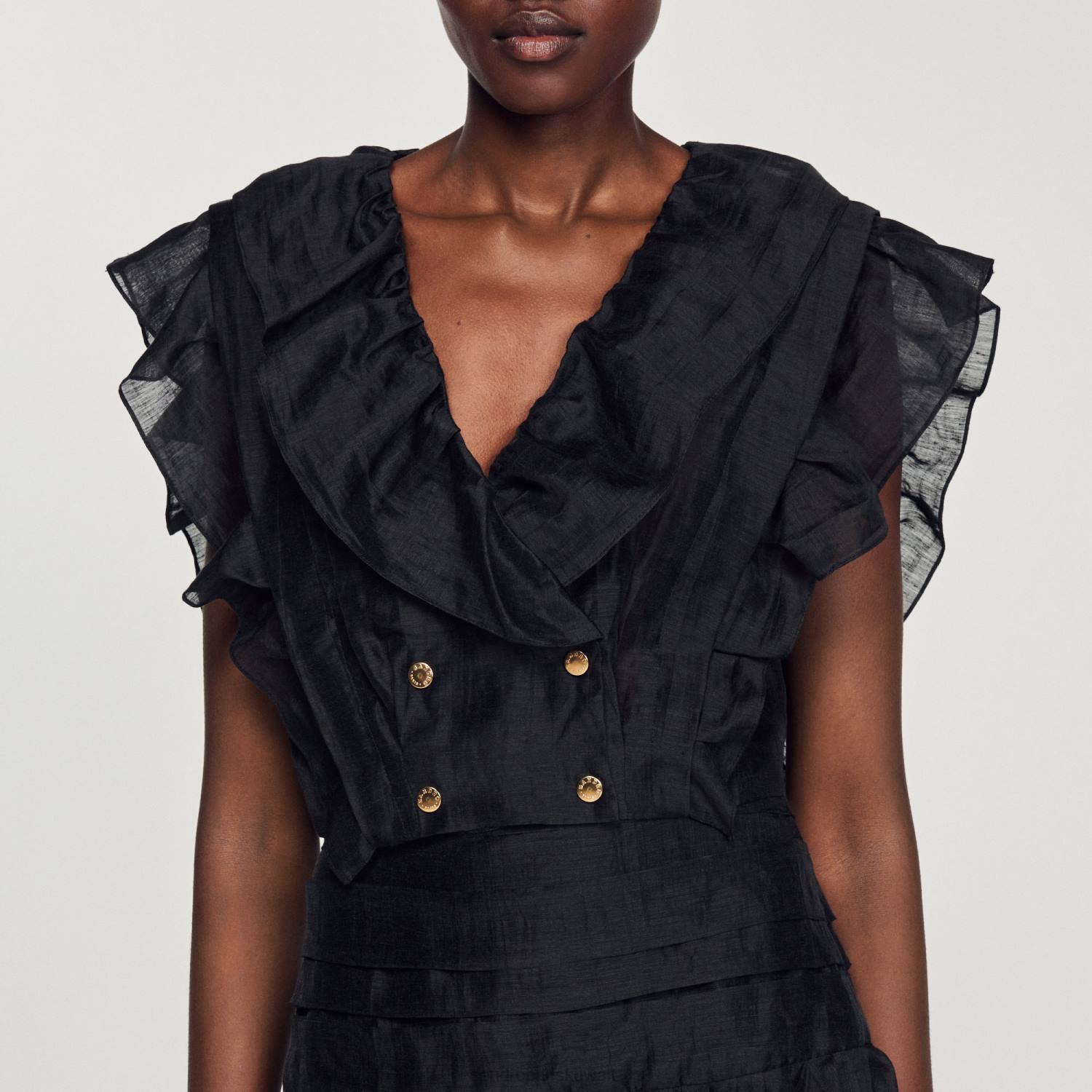 ثياب Sandro Paris كشكش أعلى المحاصيل أسود نحيف ZJ00131