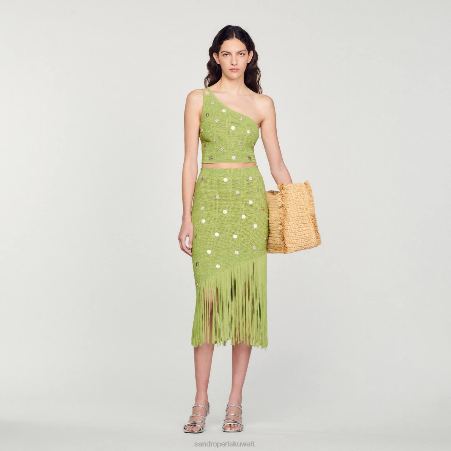 ثياب Sandro Paris تنورة متماسكة مهدب أخضر زيتوني نحيف ZJ00133