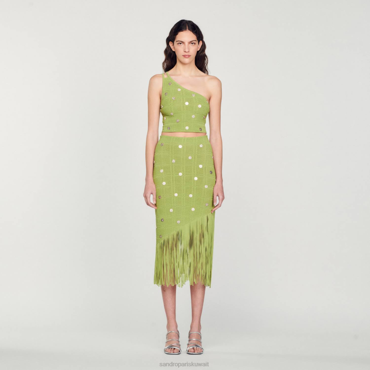 ثياب Sandro Paris تنورة متماسكة مهدب أخضر زيتوني نحيف ZJ00133