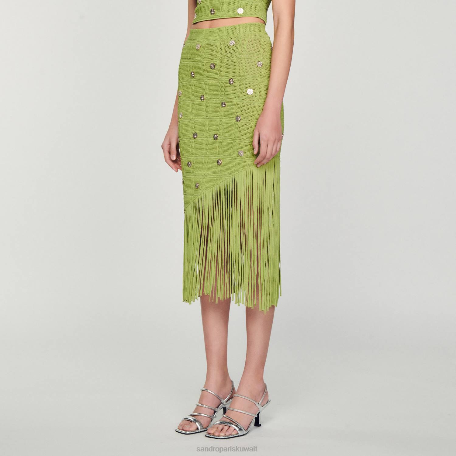 ثياب Sandro Paris تنورة متماسكة مهدب أخضر زيتوني نحيف ZJ00133
