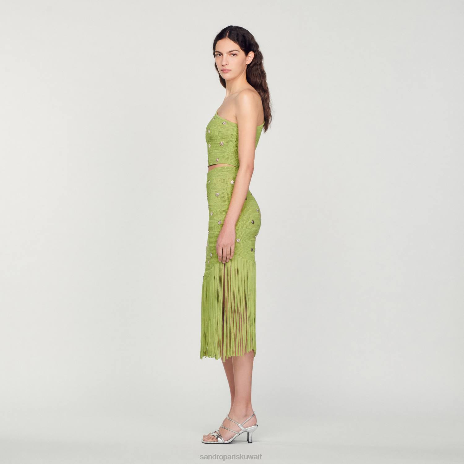 ثياب Sandro Paris تنورة متماسكة مهدب أخضر زيتوني نحيف ZJ00133