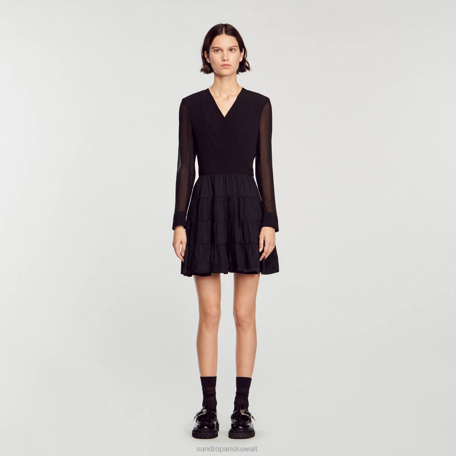 ثياب Sandro Paris فستان قصير منسوج بقماش مزدوج أسود نحيف ZJ00136
