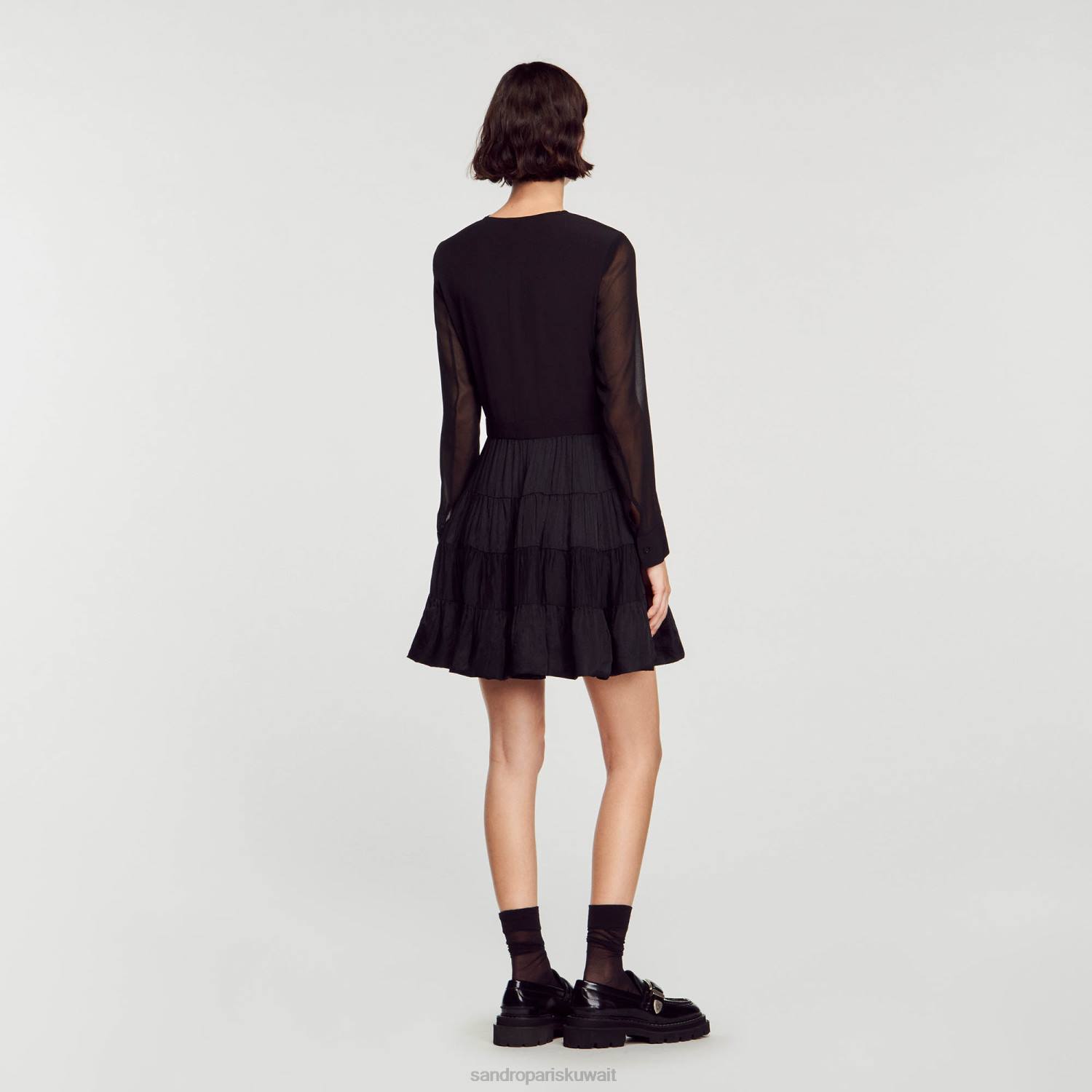 ثياب Sandro Paris فستان قصير منسوج بقماش مزدوج أسود نحيف ZJ00136