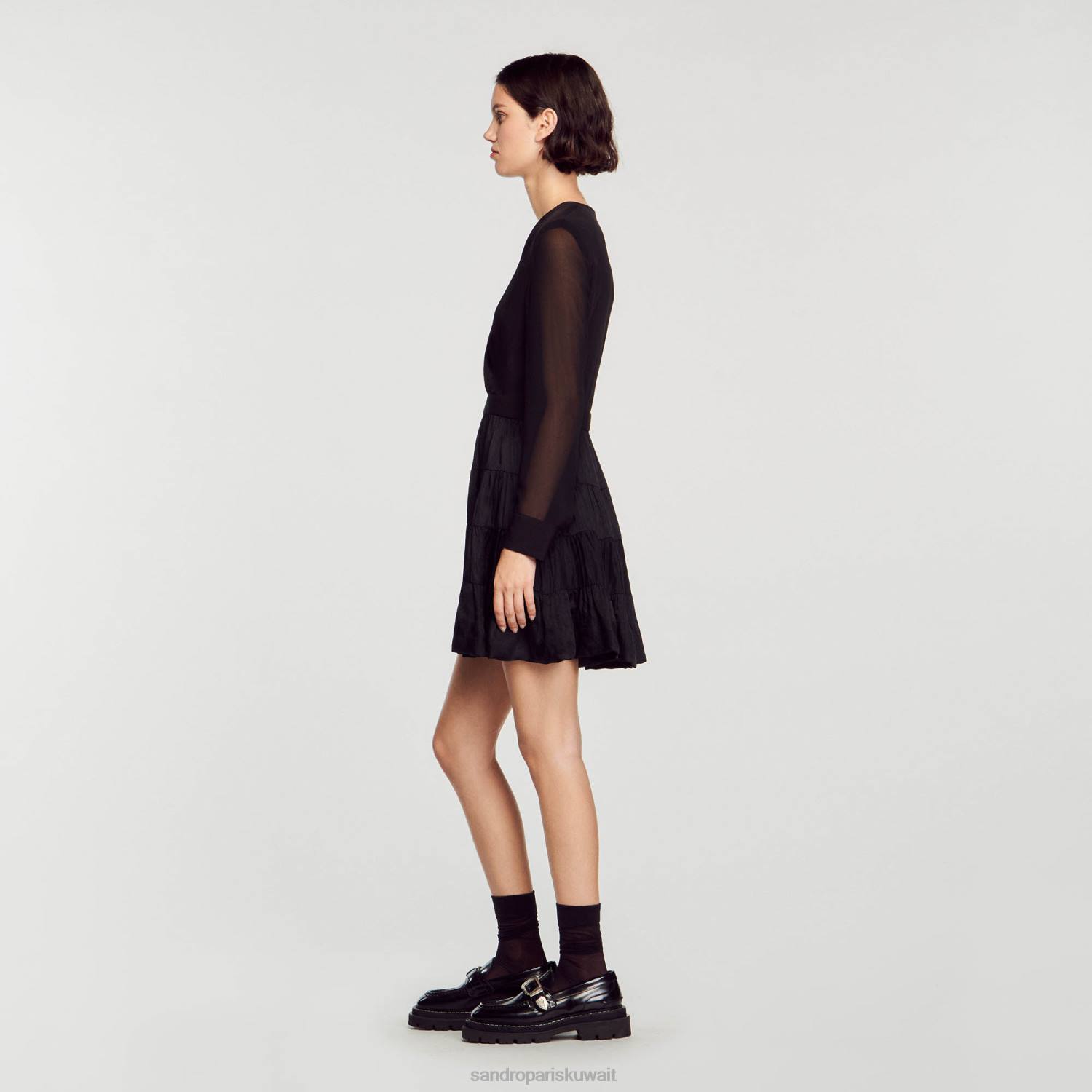 ثياب Sandro Paris فستان قصير منسوج بقماش مزدوج أسود نحيف ZJ00136