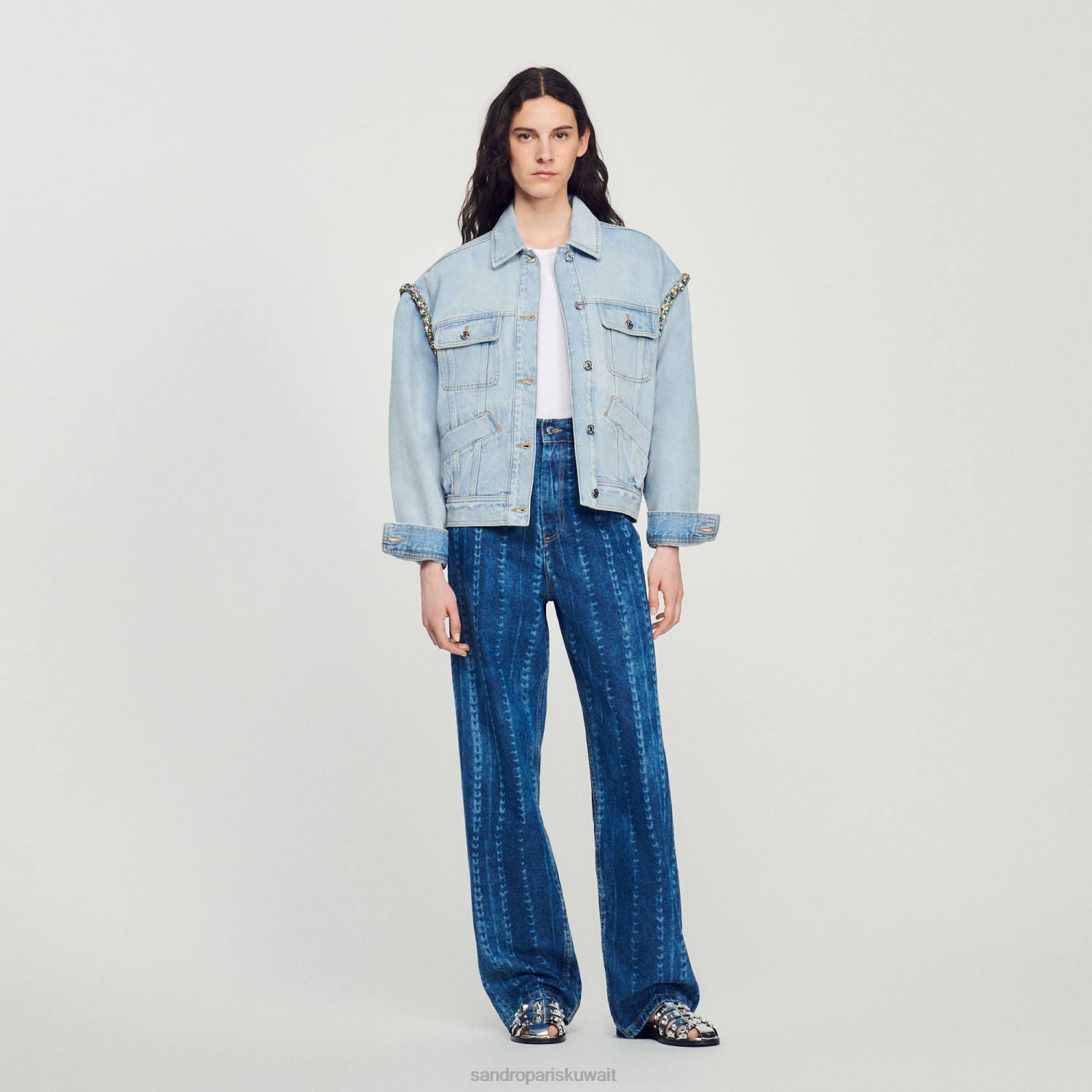 ثياب Sandro Paris سترة جان مع أحجار الراين ضوء بو جان نحيف ZJ00137