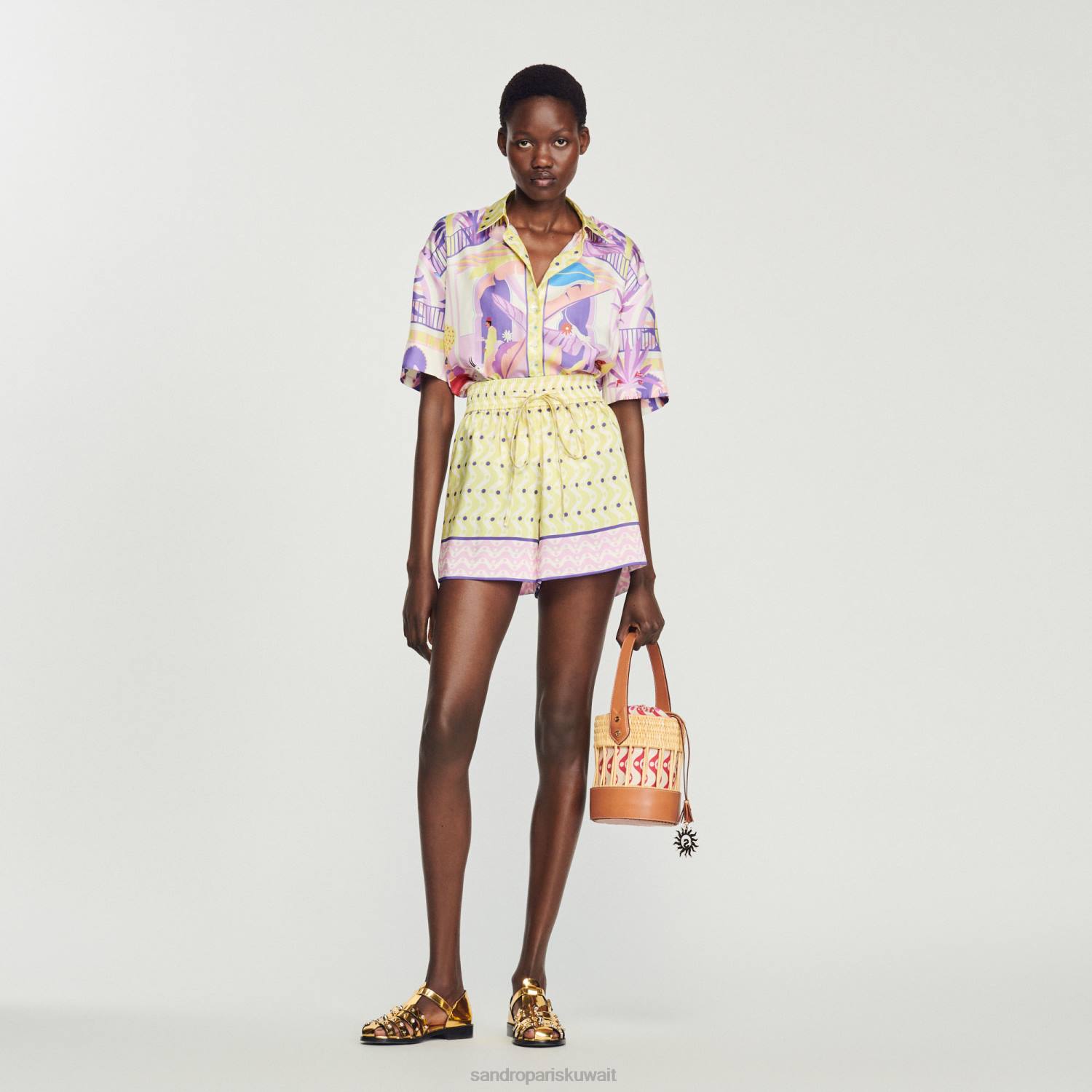 ثياب Sandro Paris قميص مطبوع أصفر/أرجواني نحيف ZJ00138