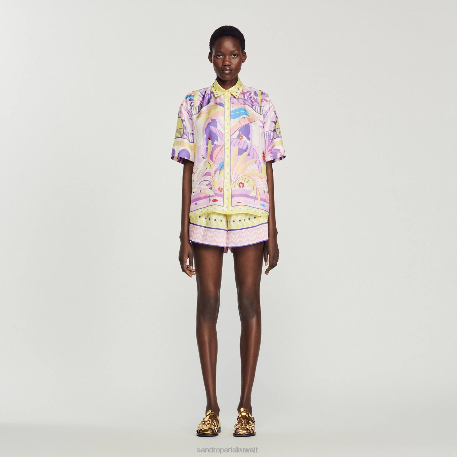 ثياب Sandro Paris قميص مطبوع أصفر/أرجواني نحيف ZJ00138