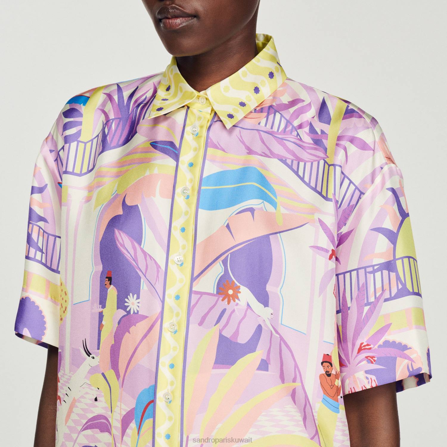 ثياب Sandro Paris قميص مطبوع أصفر/أرجواني نحيف ZJ00138