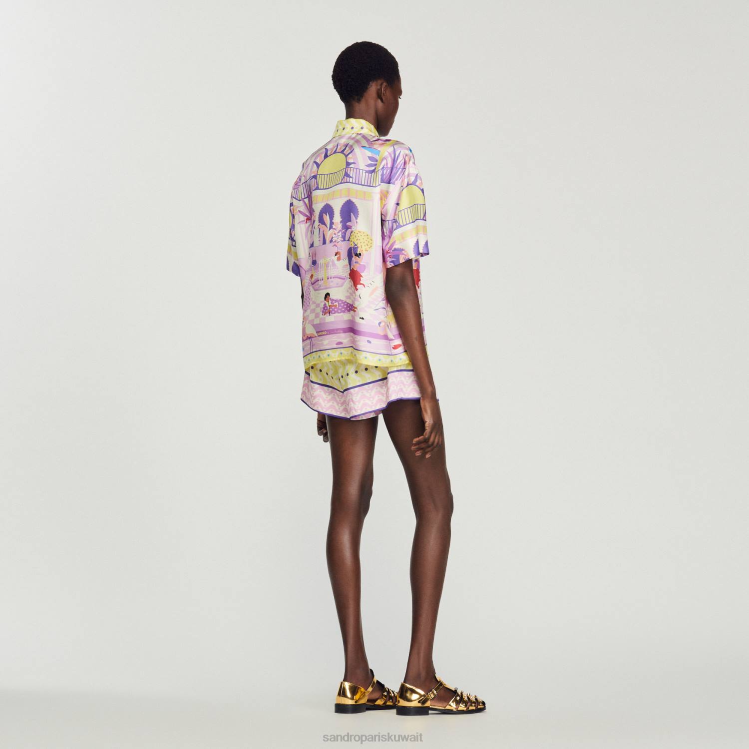 ثياب Sandro Paris قميص مطبوع أصفر/أرجواني نحيف ZJ00138