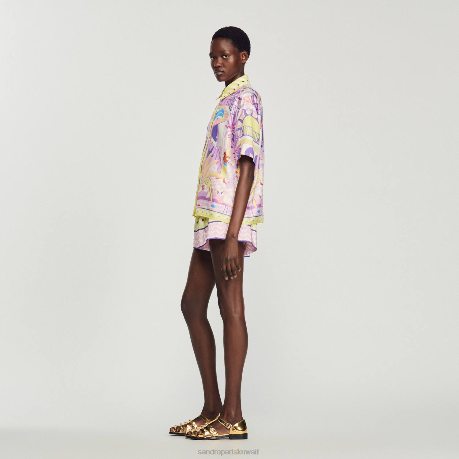 ثياب Sandro Paris قميص مطبوع أصفر/أرجواني نحيف ZJ00138