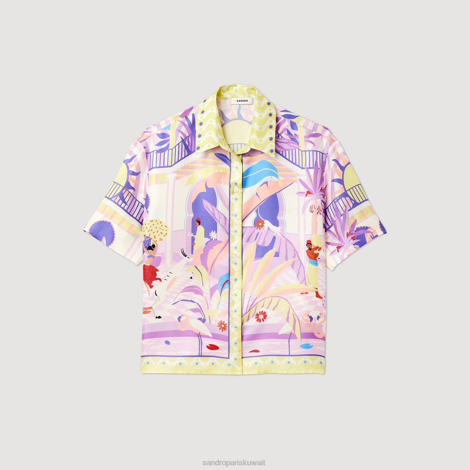 ثياب Sandro Paris قميص مطبوع أصفر/أرجواني نحيف ZJ00138